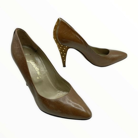 Garolini Shoes - Garolini Vintage Leather High Heels Studs Brown Size 6.5 Women Pumps Spain